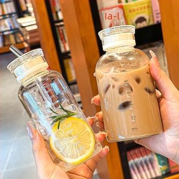 Pahar din sticlă borosilikată înaltă cu scară de timp, transparent, cu pai, pentru hidratare, portabil, pentru apă și cafea, design minimalist