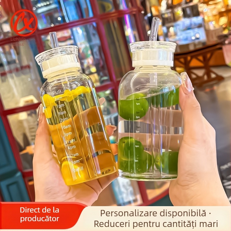 Pahar din sticlă borosilikată înaltă cu scară de timp, transparent, cu pai, pentru hidratare, portabil, pentru apă și cafea, design minimalist