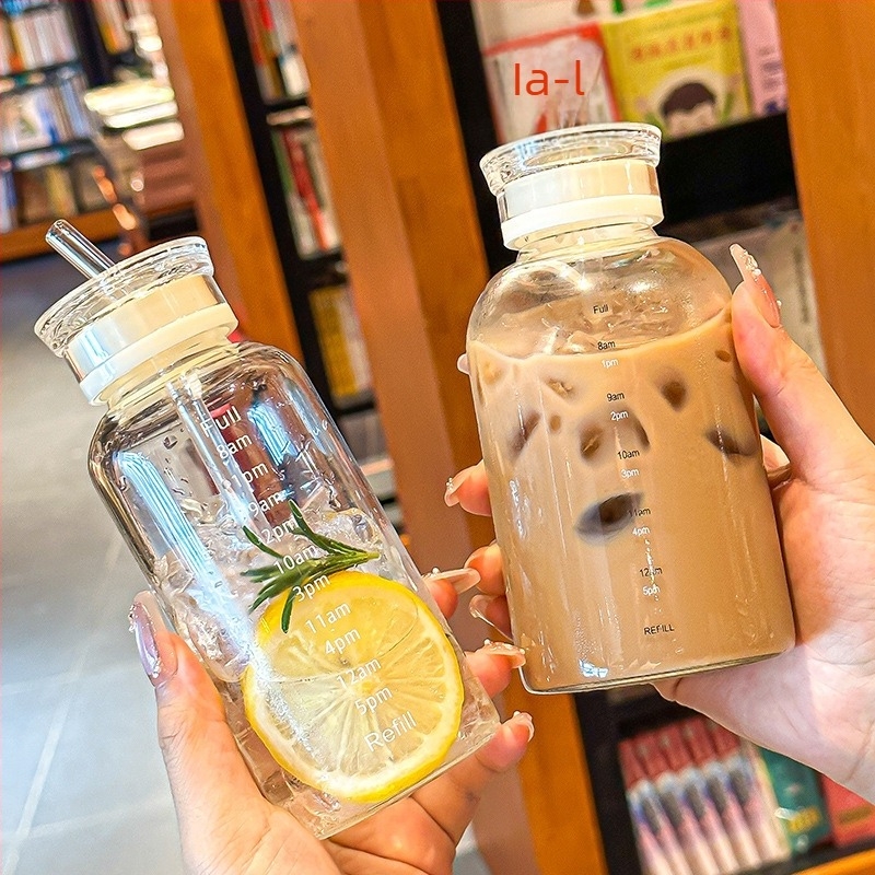 Pahar din sticlă borosilikată înaltă cu scară de timp, transparent, cu pai, pentru hidratare, portabil, pentru apă și cafea, design minimalist