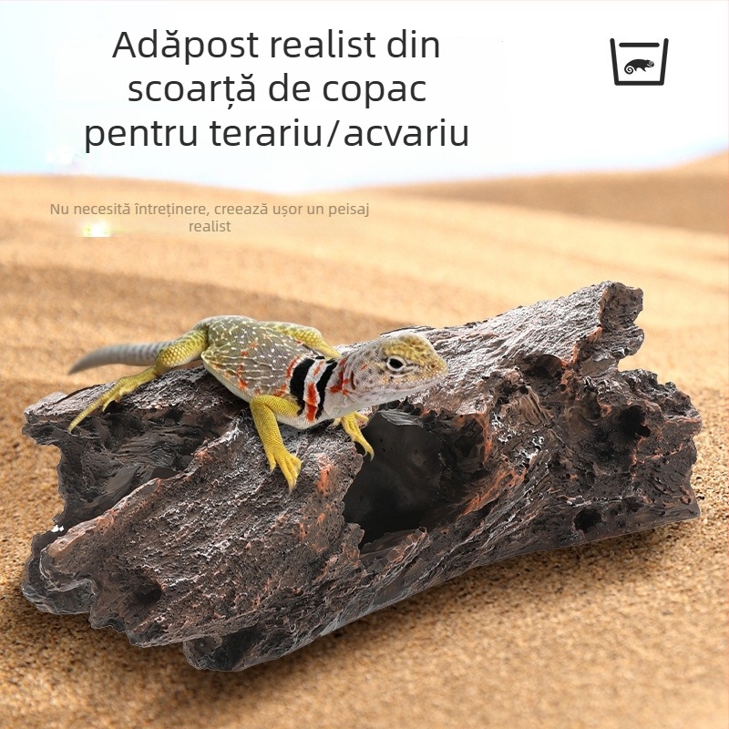 Decorațiune pentru peisaj acvariu și terariu cu scoarță sintetică, platformă de cățărare, adăpost cu gaură pentru pești și creveți