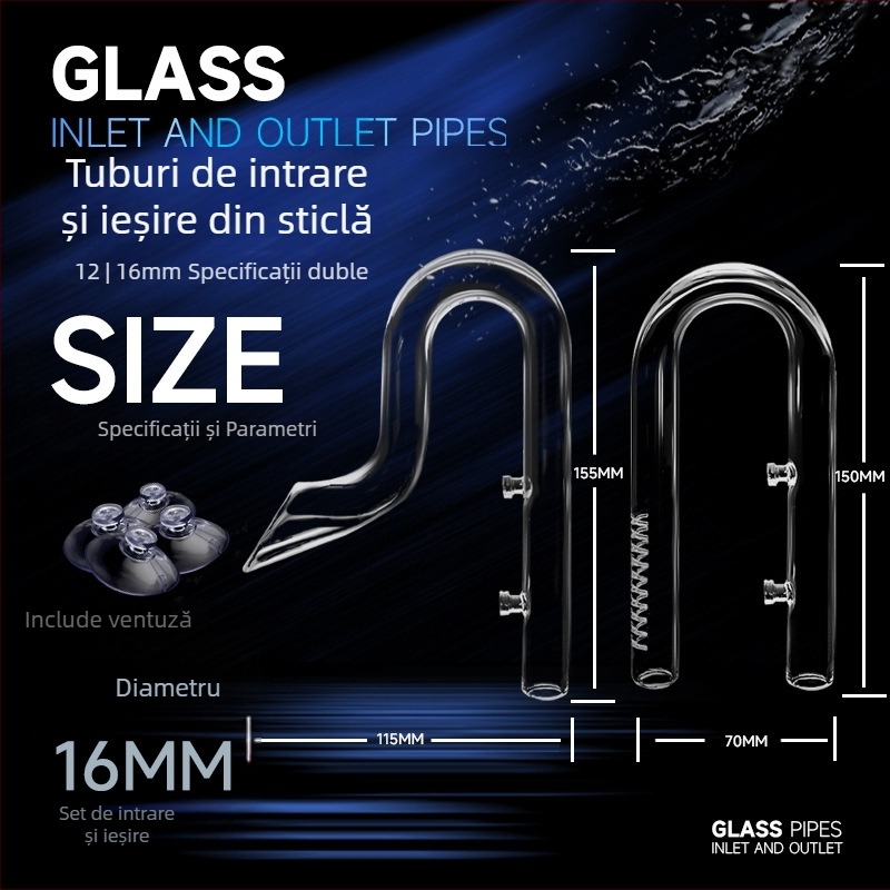 Țeavă mică din sticlă pentru intrare-ieșire cu îndepărtarea peliculei uleioase — ieșire cu gură conică, accesoriu de filtrare pentru plante acvatice