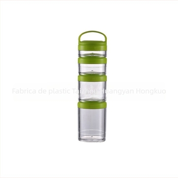 Cutie din plastic pentru pudră proteică, cu 4 niveluri, compartimente multiple și mâner pentru amestecare