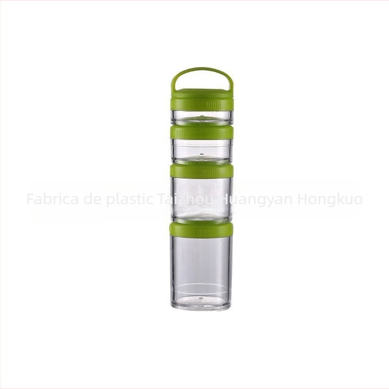 Cutie din plastic pentru pudră proteică, cu 4 niveluri, compartimente multiple și mâner pentru amestecare