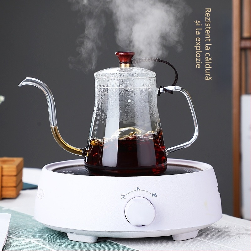 Cafetieră cu gură subțire, culoare ambră, din sticlă borosilicată, pentru încălzire directă, uz casnic