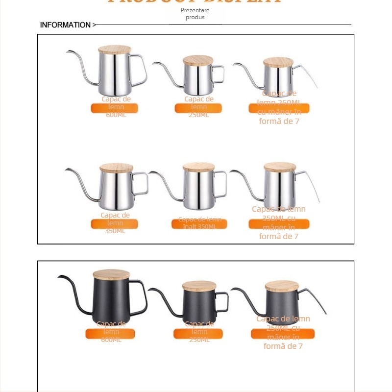 Ceainic pentru cafea din oțel inoxidabil 304 pentru turnare, cu gură îngustă și nas lung, acoperire teflon
