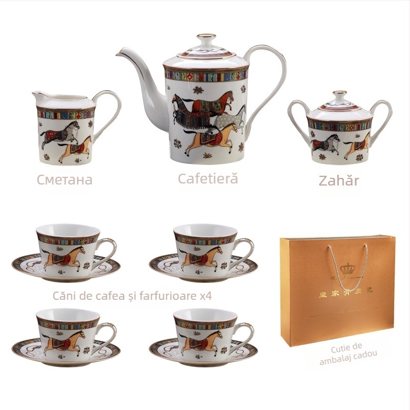 Set de cafea din porțelan osos cu cafetieră, cană de lapte, zaharniță, 4 cești și 4 farfurioare – stil european, lux retro