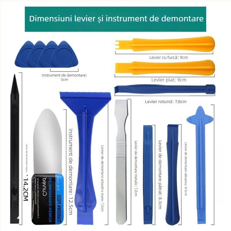 Set de 14 piese pentru reparatii telefoane mobile si tablete — demontare a ecranului, lipire, unelte de deschidere, anti-statice