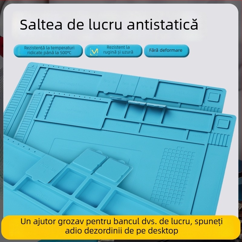Covoraș de lucru antistat pentru reparații la calculatoare și telefoane mobile, cu compartimente magnetice de depozitare, rezistent la temperaturi înalte și coroziune