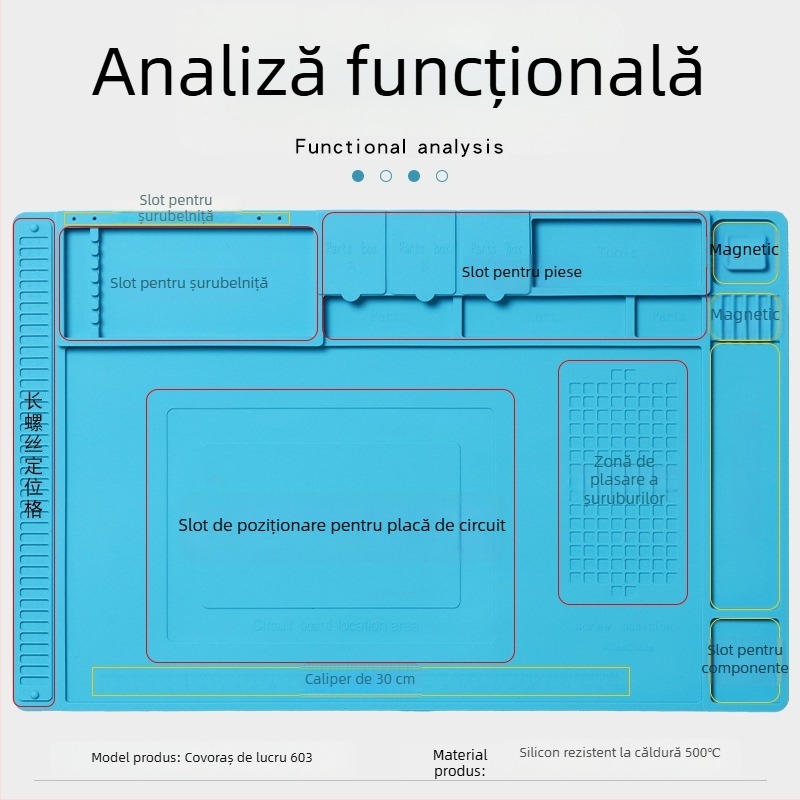 Covoraș de lucru antistat pentru reparații la calculatoare și telefoane mobile, cu compartimente magnetice de depozitare, rezistent la temperaturi înalte și coroziune