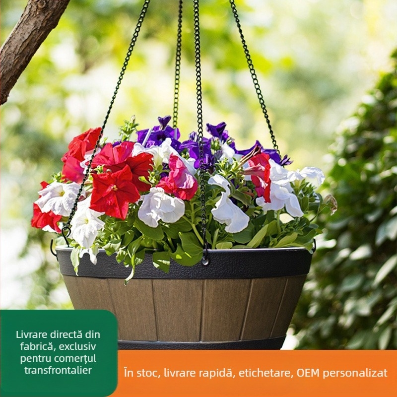 Ghiveci plastic în formă de butoi, imitând lemnul, gros și durabil, suspensat pentru Spider Plant, Pothos și Snow Ivy, pentru balconul de acasă și grădina de interior