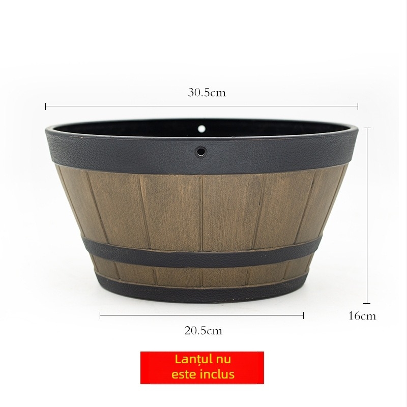 Ghiveci plastic în formă de butoi, imitând lemnul, gros și durabil, suspensat pentru Spider Plant, Pothos și Snow Ivy, pentru balconul de acasă și grădina de interior