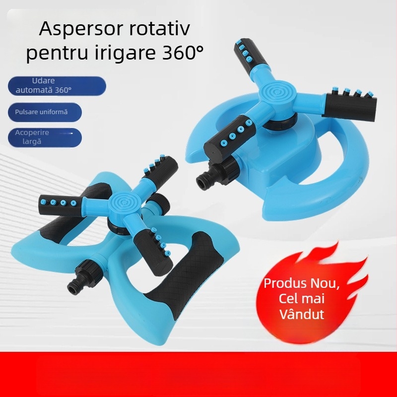 Sprinkler rotativ pentru irigare la 360°, duză în formă de semilună, automată pentru grădină, cu trei brațe pentru gazon