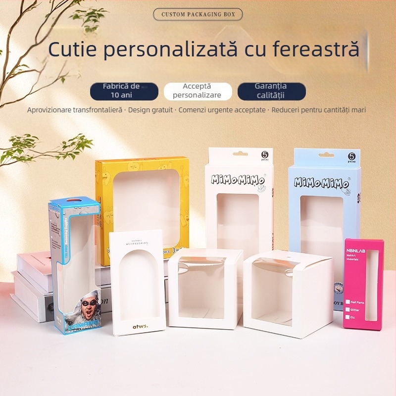 Cutie cu fereastră din carton alb, imprimare color personalizată, inserții duble, ambalaj pentru cosmetice, unghii false și lenjerie