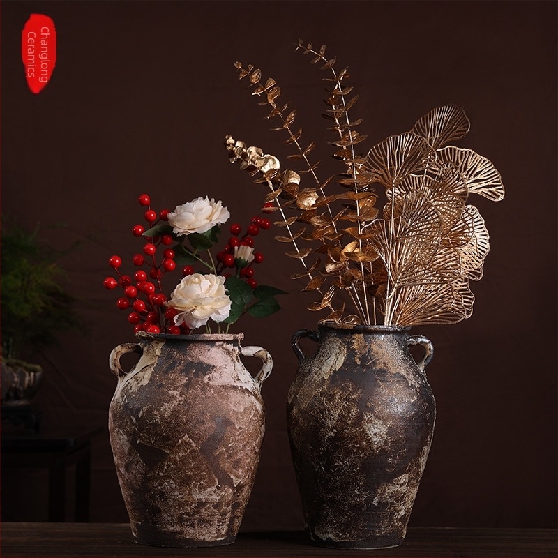 Vază ceramică realizată manual, stil Wabi-Sabi, ceramică rustică patinată, vază pentru flori uscate, ghiveci pentru suculente