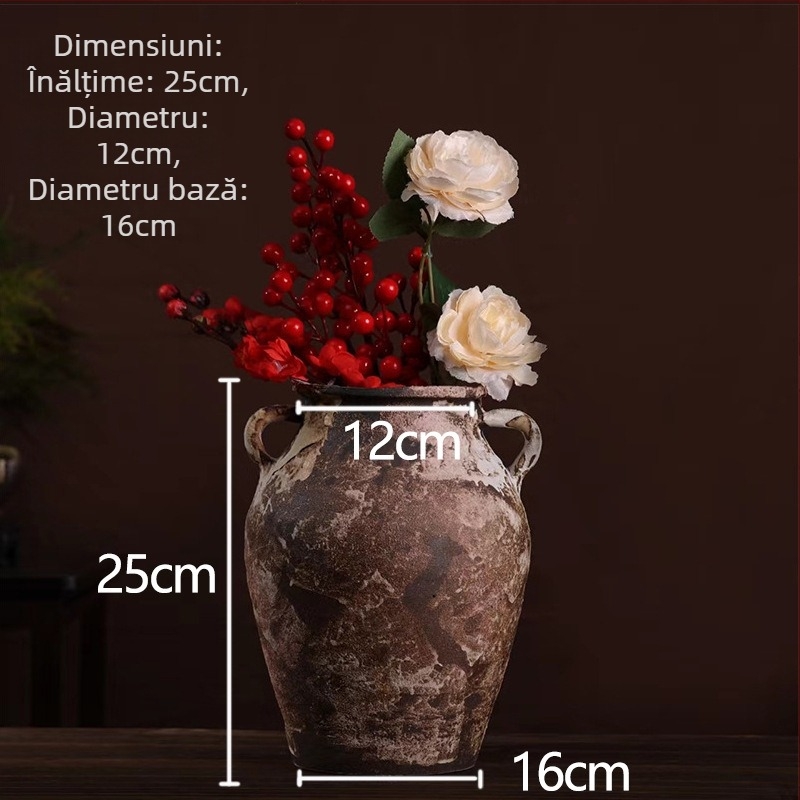 Vază ceramică realizată manual, stil Wabi-Sabi, ceramică rustică patinată, vază pentru flori uscate, ghiveci pentru suculente