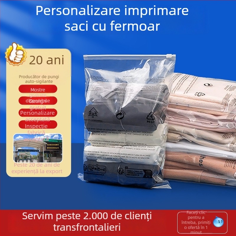 Pungi CPE cu fermoar, groase, pentru ambalarea verticală a șosetelor, lenjeriei și hainelor; pungi cu închidere automată, mat; dimensiuni și culoare personalizabile