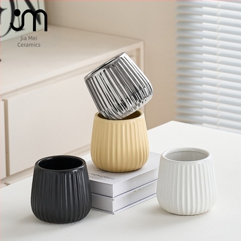 Ghiveci ceramic mediu, cu dungi verticale, fără orificiu de scurgere, glazură interioară și exterioară, stil nordic minimalist, potrivit pentru flori artificiale și plante hidroponice.