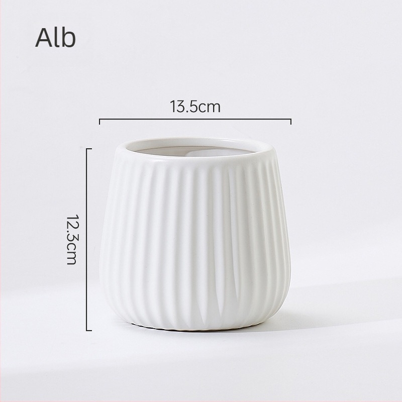 Ghiveci ceramic mediu, cu dungi verticale, fără orificiu de scurgere, glazură interioară și exterioară, stil nordic minimalist, potrivit pentru flori artificiale și plante hidroponice.