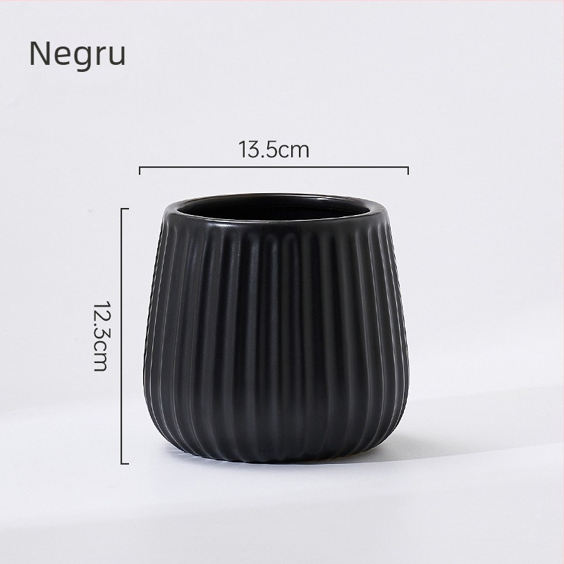Ghiveci ceramic mediu, cu dungi verticale, fără orificiu de scurgere, glazură interioară și exterioară, stil nordic minimalist, potrivit pentru flori artificiale și plante hidroponice.