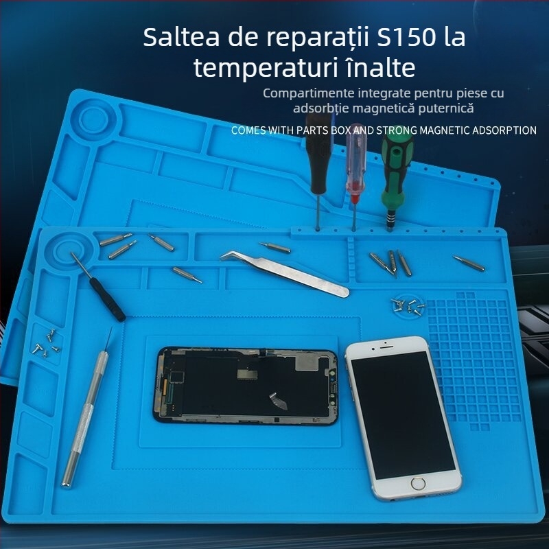 S-150 Padă izolatoare din silicon pentru reparații electronice, cu compartiment magnetic pentru piese, anti-statice și rezistentă la temperaturi înalte, albastru