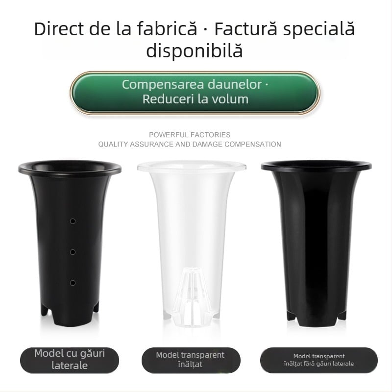 Ghiveci transparent pentru orhidee, înalt, mare, respirabil, negru, fără găuri laterale