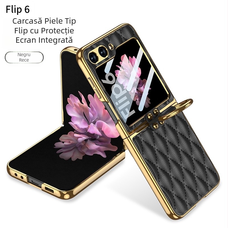 GKK husă cu inel pentru Samsung Z Flip6, stil Chanel, piele artificială, electroplacată, model diamantat, husă de protecție pliabilă