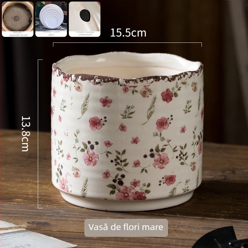 Ghiveci ceramic cu stil vintage proaspăt, lux discret pentru casă, pentru suculente, pothos și Phalaenopsis, disponibil în dimensiuni mari și mici
