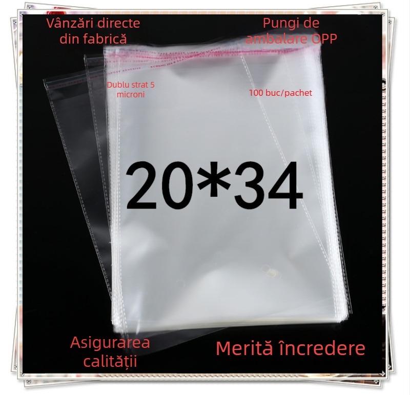 Pungă OPP transparentă 5 mil, autoadezivă și sigilabilă, pentru haine și cadouri, dimensiuni 20×34 cm, pachet 100 bucăți