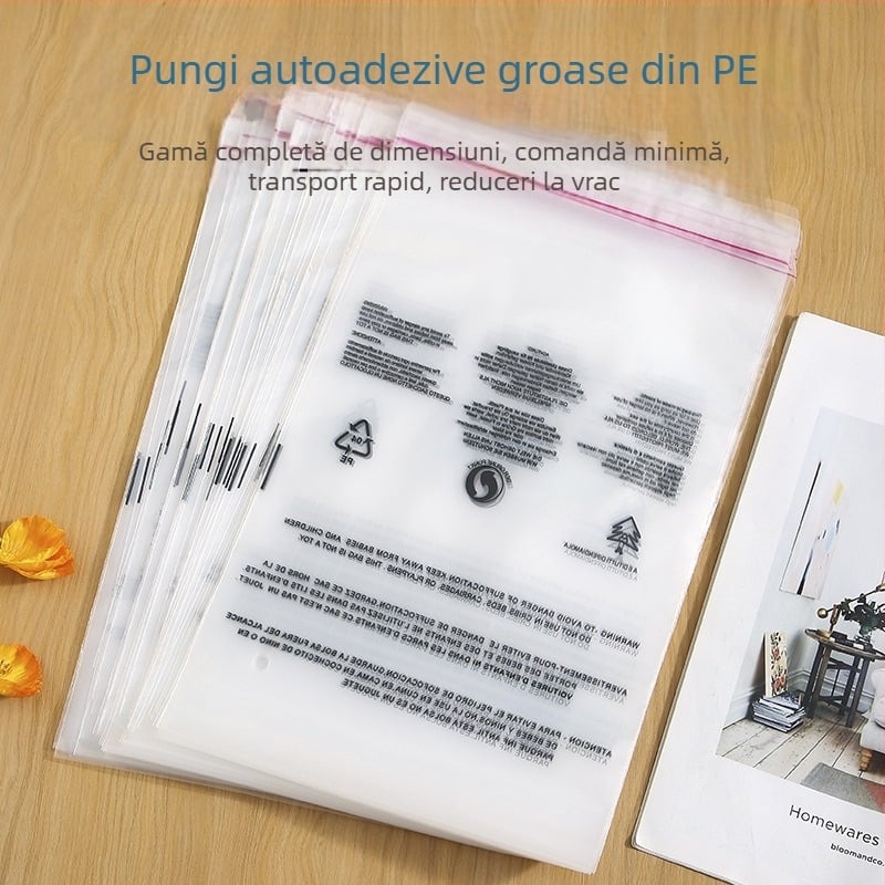 În stoc: pungă autoadezivă transparentă pentru haine, cu text de avertizare, din plastic moale, 40x55