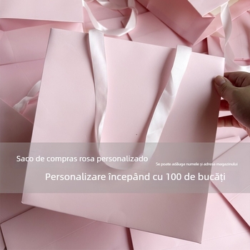 Geantă de hârtie roz pentru magazin de haine, geantă de mână simplă, cumpărături roz cu imprimare a logo-ului prin serigrafie