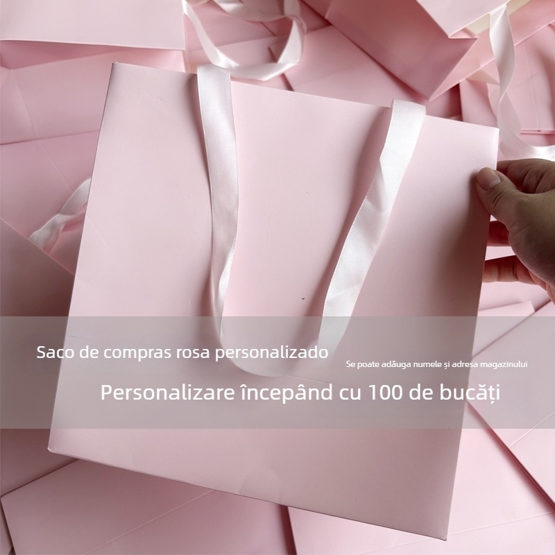Geantă de hârtie roz pentru magazin de haine, geantă de mână simplă, cumpărături roz cu imprimare a logo-ului prin serigrafie