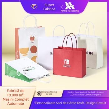 Geantă albă din hârtie kraft, personalizată pentru haine, cumpărături și cadouri, cu imprimare logo