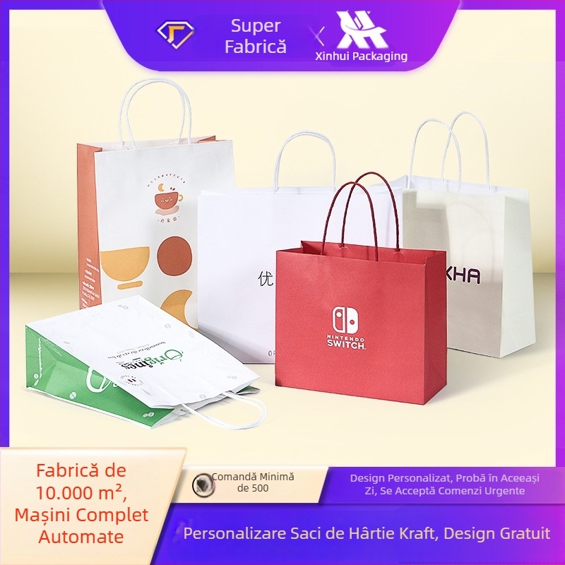 Geantă albă din hârtie kraft, personalizată pentru haine, cumpărături și cadouri, cu imprimare logo