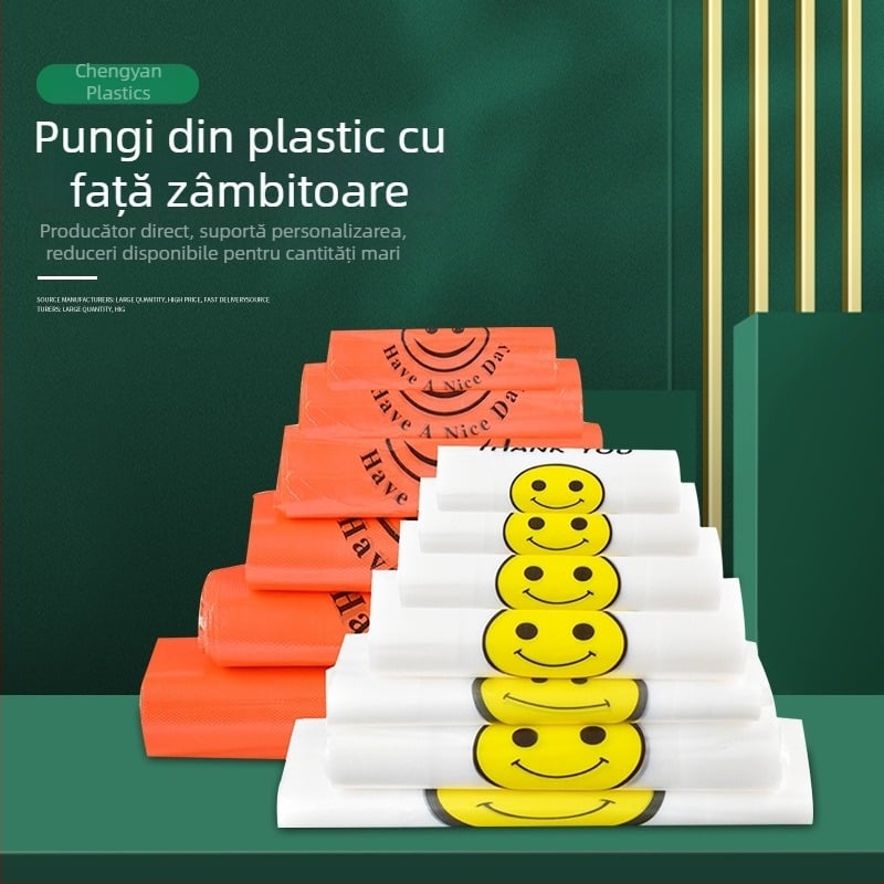 Pungă transparentă din plastic cu față zâmbitoare pentru supermarket și ambalare la livrare, pregătită pentru logo