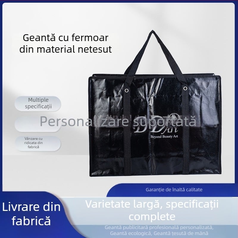Geantă PP țesut, neagră, din material nețesut, geantă de mână cu mâner scurt și fermoar pentru cumpărături la supermarket și utilizare zilnică