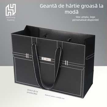 Geantă de hârtie neagră, cu siglă imprimată în relief, pentru ambalarea hainelor și cadouri de modă