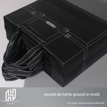 Geantă de hârtie neagră, cu siglă imprimată în relief, pentru ambalarea hainelor și cadouri de modă
