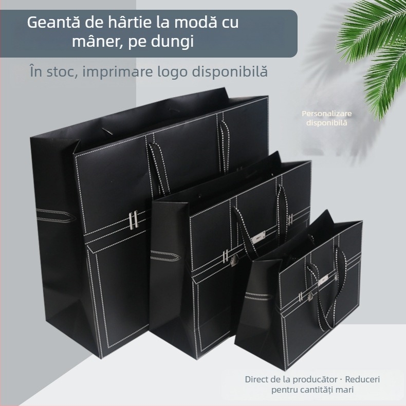 Geantă de hârtie neagră, cu siglă imprimată în relief, pentru ambalarea hainelor și cadouri de modă