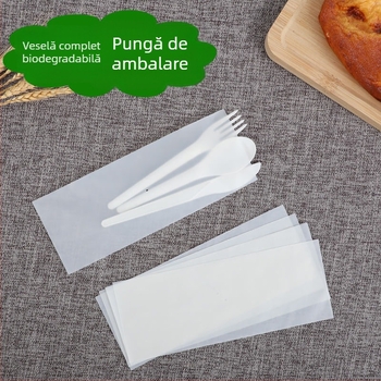 Sac personalizabil, complet biodegradabil pentru cuțit și furculiță, ambalaj din amidon de porumb pentru tacâmuri de unică folosință, cu închidere autoadezivă