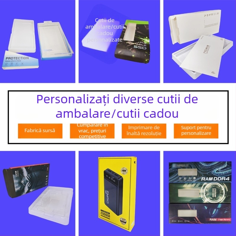 Cutii de ambalaj pentru huse de telefon, carduri de memorie, baterii externe și alte accesorii digitale 3C; cutie cadou albă din carton, folie temperată și cutie goală pentru SSD.