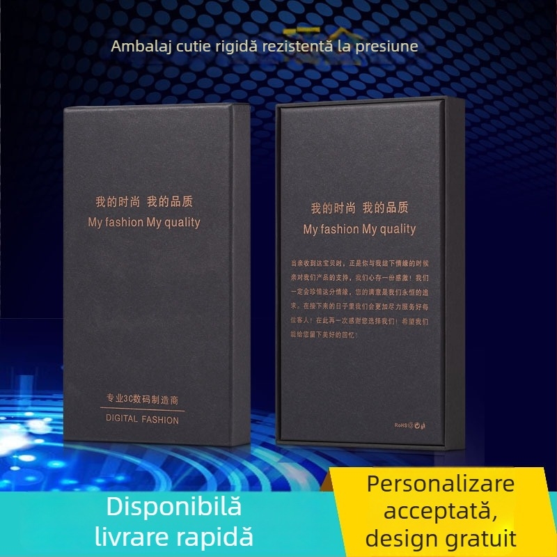 Cutie de ambalaj pentru husă de telefon, carton kraft negru, capac dublu, compatibil cu iPhone 13/14 Pro, neutră universal, cutie cadou cu folie din sticlă temperată