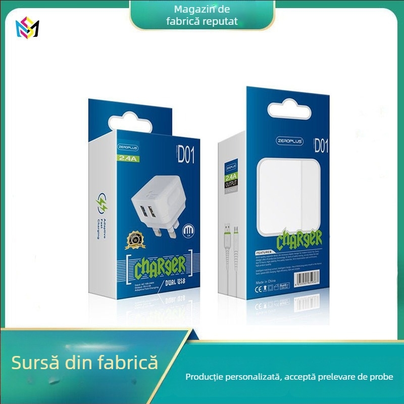 Ambalaj exterior imprimat pentru încărcătoare telefon, accesorii, cutii din carton pentru cabluri de date și căști, imprimare UV cu folie argintie.