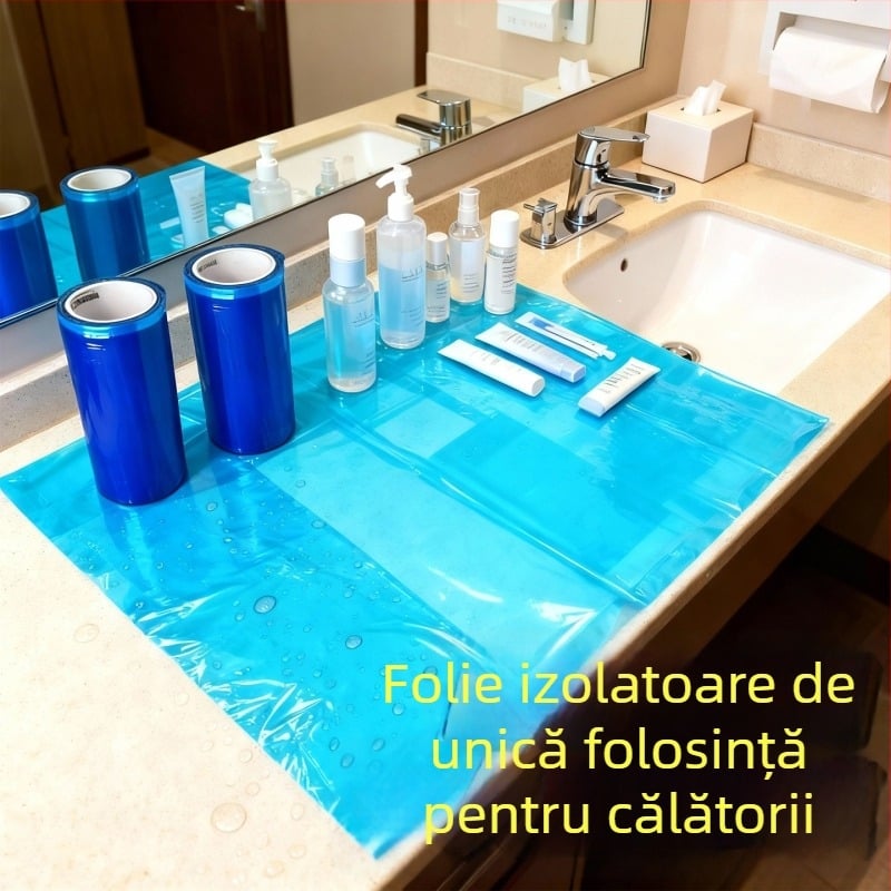 Film izolator de unică utilizare pentru baie, film albastru cu puncte roz, fără reziduuri de adeziv, lungime 15 m, lățime 10 cm, PE.