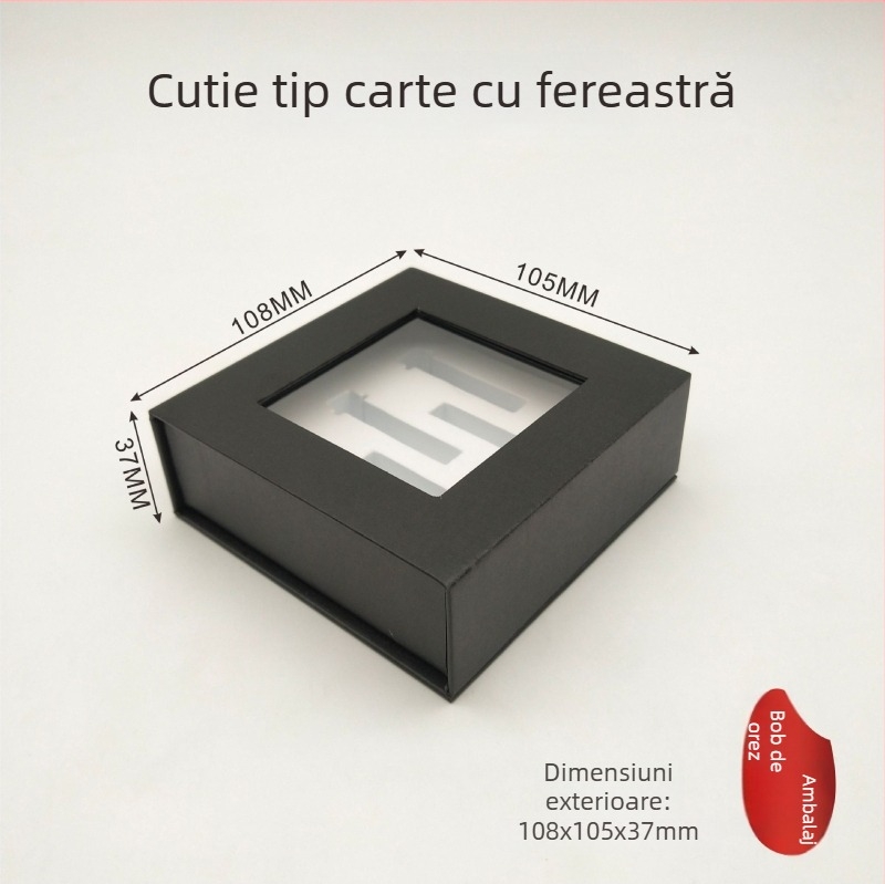Cutie neagră din carton cu fereastră și capac rabatabil, magnetică în formă de carte, pentru USB flash și căști Bluetooth