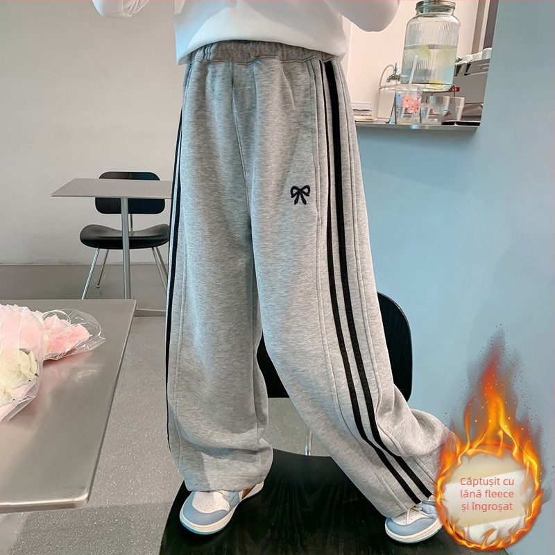 Pantaloni sport casual pentru copii, cu dungă laterală, croială largă și dreaptă, pentru fete mai mari, primăvară-toamnă 2025