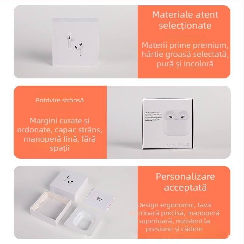 Ambalaj neutru din carton gri pentru căști Bluetooth AirPods, generațiile 4 și 5