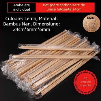 Bețișoare de bambus de unică folosință, carbonizate, mai groase și mai lungi, ambalate individual.
