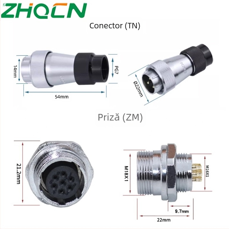Conector aeronautic industrial etanș WF_HF16, conector electric, 2-3-4-5-7-9-10 nuclee, tip piuliță TN+ZM