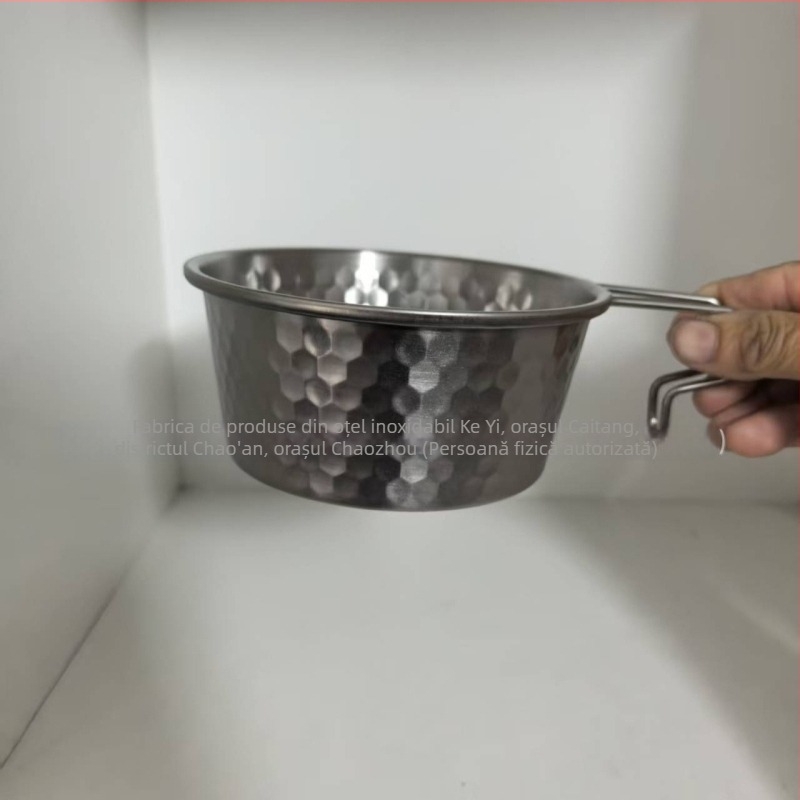 Shera Bowl – Bol din oțel inoxidabil 304 cu mâner, multifuncțional pentru utilizare zilnică, birou și călătorii, portabil, cu suprafață ciocănită, diametrul 11–11,9 cm
