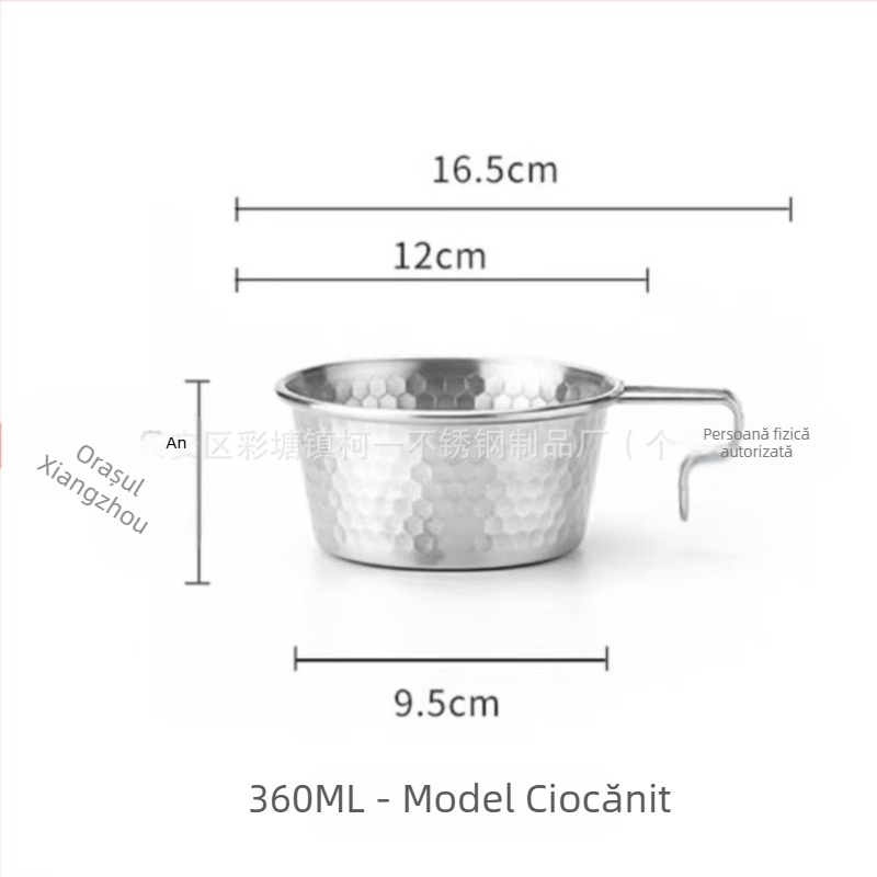 Shera Bowl – Bol din oțel inoxidabil 304 cu mâner, multifuncțional pentru utilizare zilnică, birou și călătorii, portabil, cu suprafață ciocănită, diametrul 11–11,9 cm